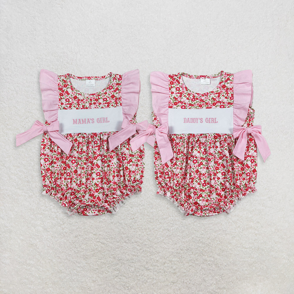 RTS NO MOQ Sibling Baby Girls  Embroidered Mama's Girls & Daddy's Girls  Flutter Sleeves Flowers Bows Ruffle Rompers