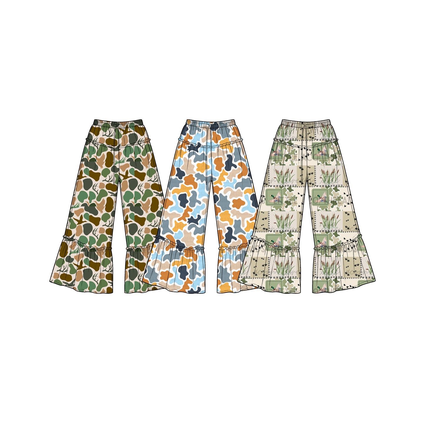 (Preorder new) No moq Baby Girls Green Brown Camo Deer Duck Print Bell Bottom Pants