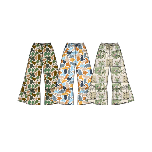 (Preorder new) No moq Baby Girls Green Brown Camo Deer Duck Print Bell Bottom Pants