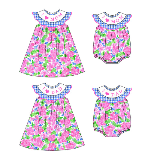 4.22 custom each style moq 5eta 4-6week Sibling Sisters I LOVE MOM DAD floral girl short sleeve dress and rompers match family design