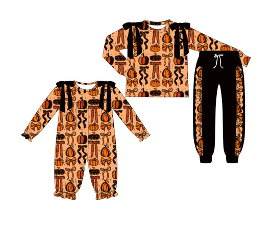 25.7.4 custom each style moq 5eta 4-6week Sibling Sisters pumpkin bow baby girl long sleeve pants sets and rompers match family design