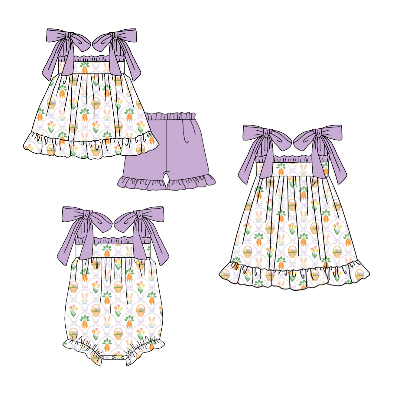 Custom moq 5 mix size Sibling Baby Girl's Bunny Print Easter Short-Sleeved Top And Shorts Set Cute Romper Dress for Summer