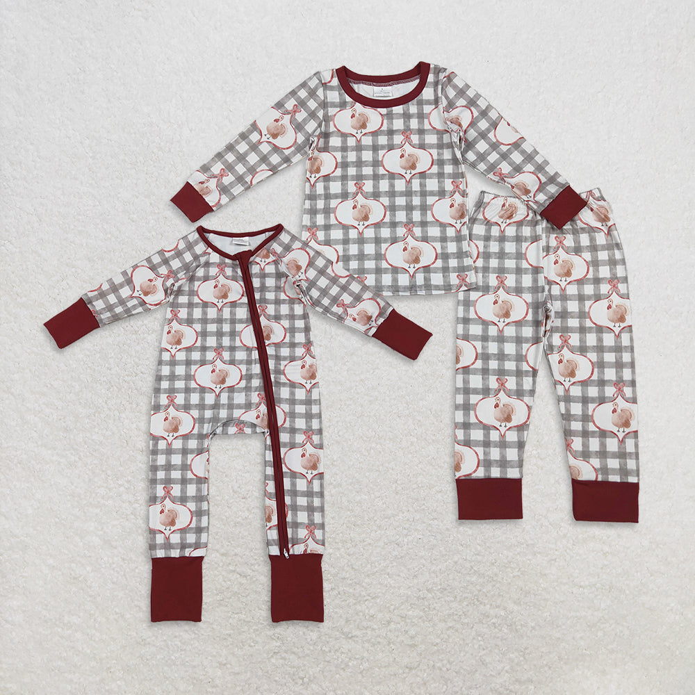 12/18m-7/8t RTS NO MOQ Sibling Baby girls clothes thanksgiving turkey long sleeve pants sets and rompers