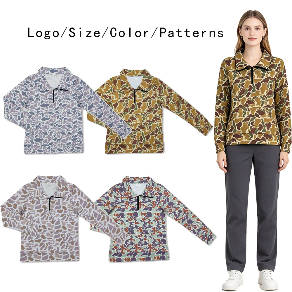 RTS NO MOQ Sibling milk silk Adult Women Camouflage Quarter Zip Collared Long Sleeve Pullover Top