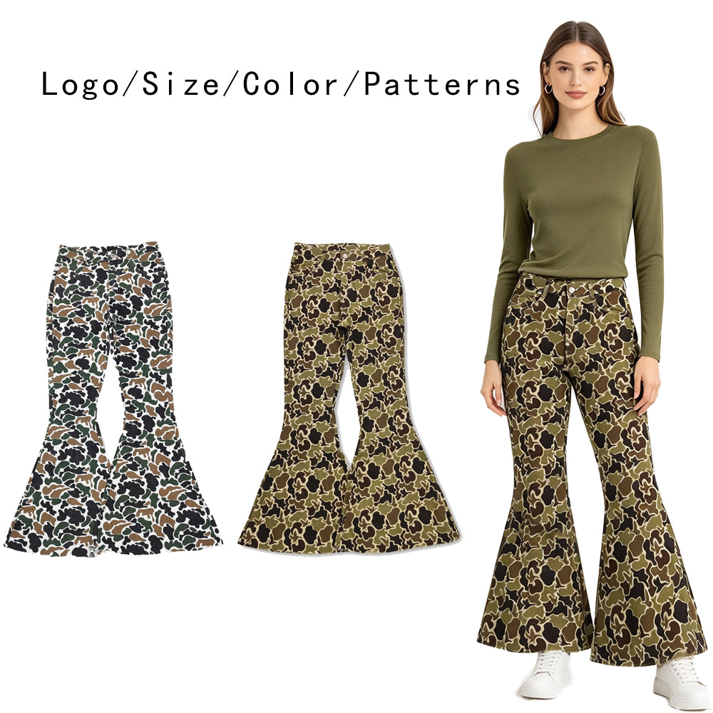 RTS NO MOQ Sibling Denim Adult Women Camo Print Denim Bell Pants Jeans