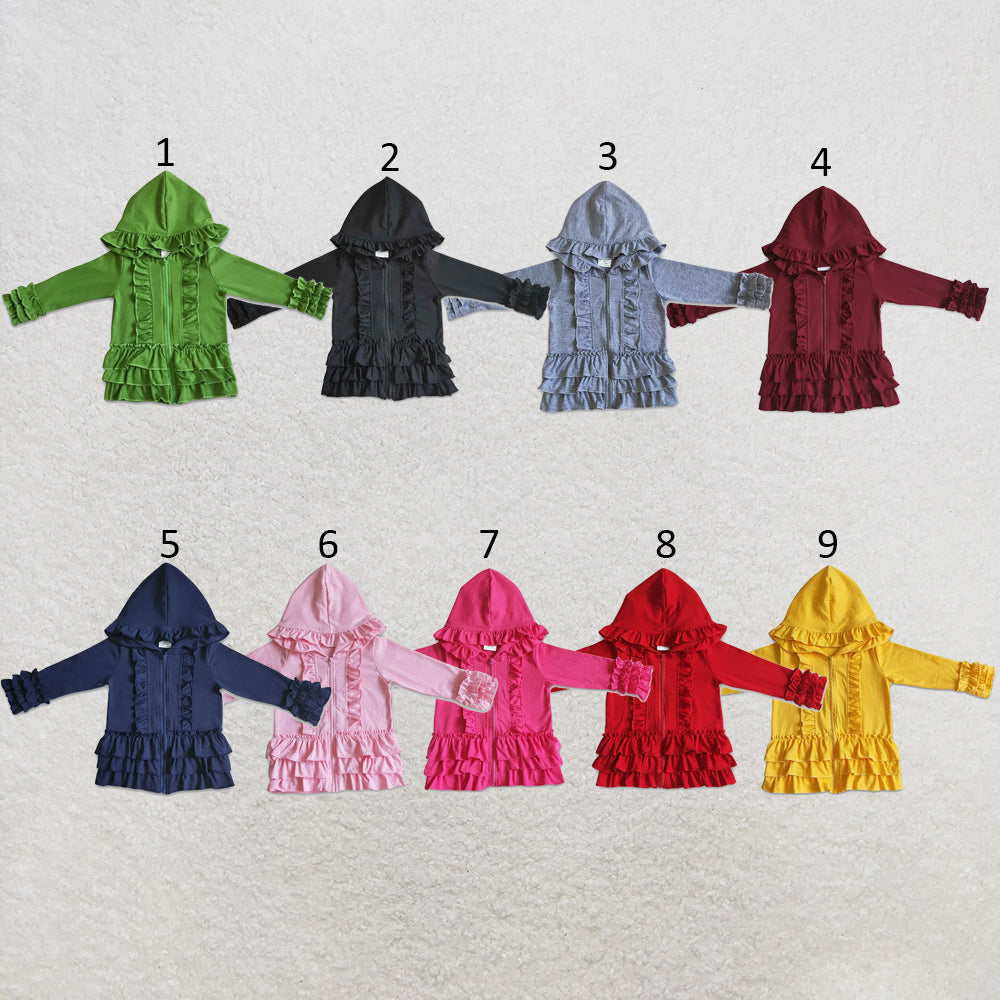 RTS NO MOQ Sibling cotton Baby Girls Solid Color Zip Ruffle Jackets Cardigans Top