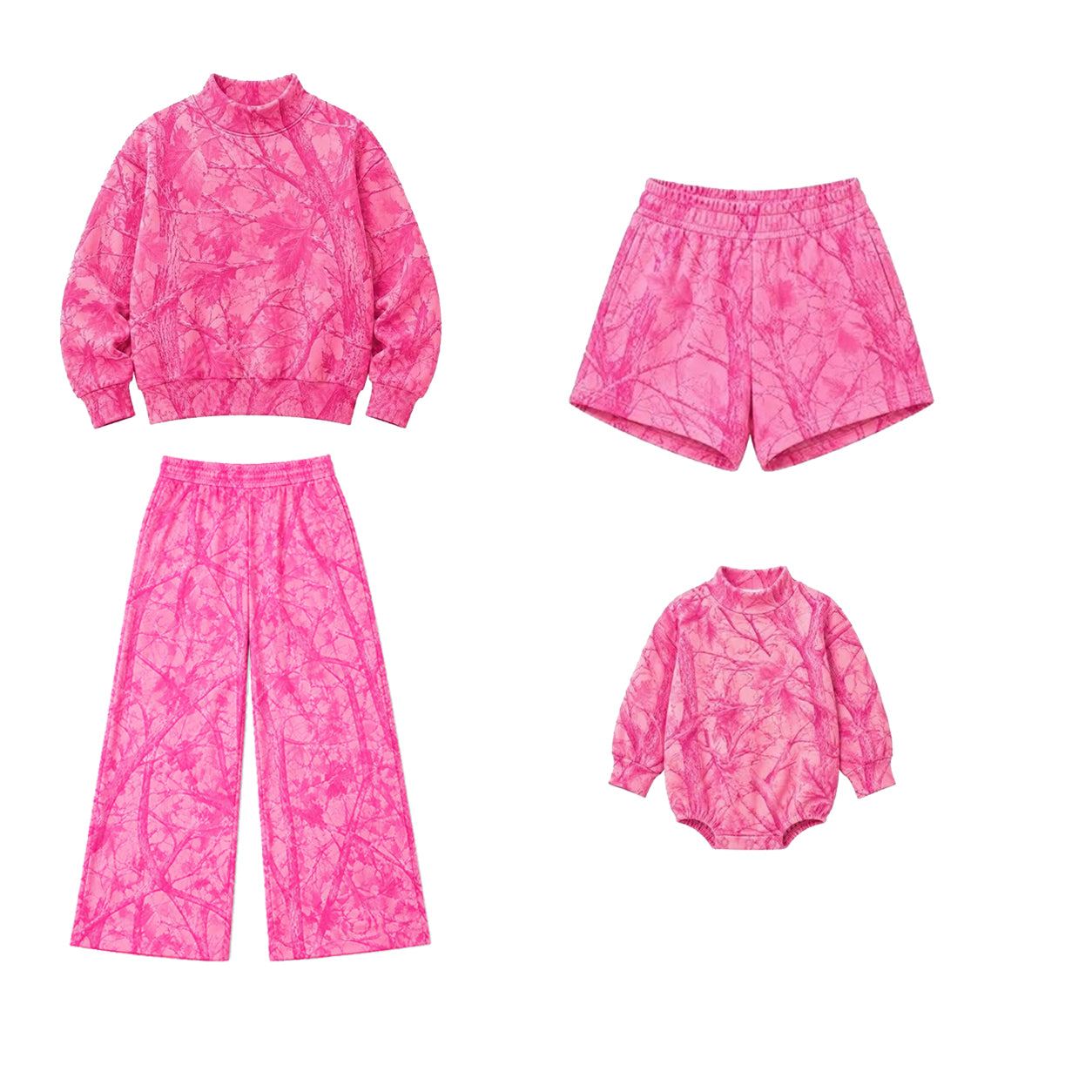 (Preorder new) No moq milk silk adult  Bright Pink Maple Camo Print Sweatshirt Wide‑Leg Pants Shorts  Baby Bubble Romper