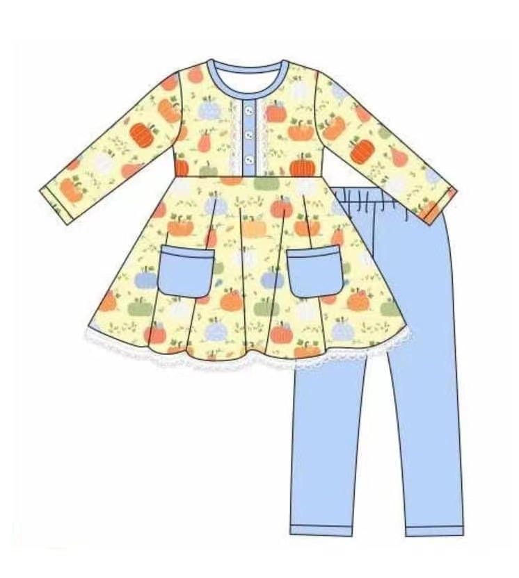 5.18custom each style moq 5eta 4-5week Sibling Sister pumpkin print yellow girls and boys outfits and baby romper and dress match family design