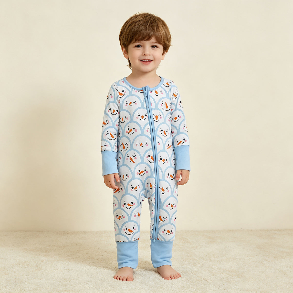 NEW RTS NO MOQ milk silk LR3166 Baby Boys Long Sleeve Blue Snowman Print Two Way Zip Front Convertible Christmas Romper=