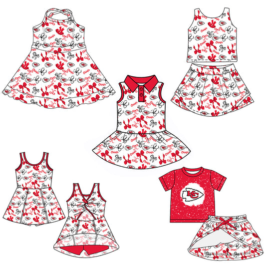 Custom moq 5 mix sizes summer teams baby girls clothes team red short sleeve skirts shorts sets 1 and skirts sets 2 and dress 1 and dress 2 and dress 3 and dress 4-25.6.4
