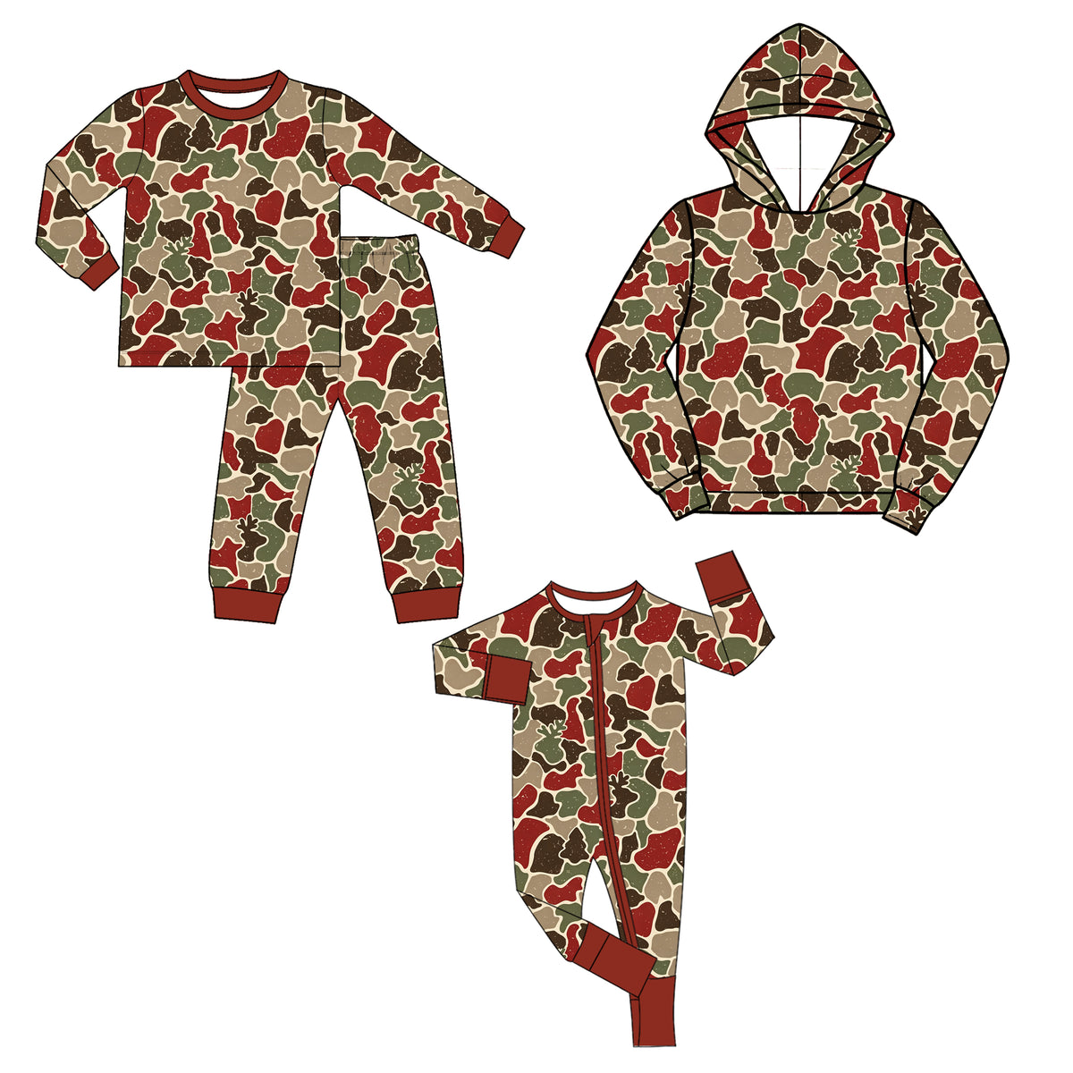 (Preorder new) No moq Baby Boys Deer Camo Print Outfit Set Brown Red Green Camouflage Long Sleeve Pajama Set Hoodie Sweatshirt Baby Zipper Romper