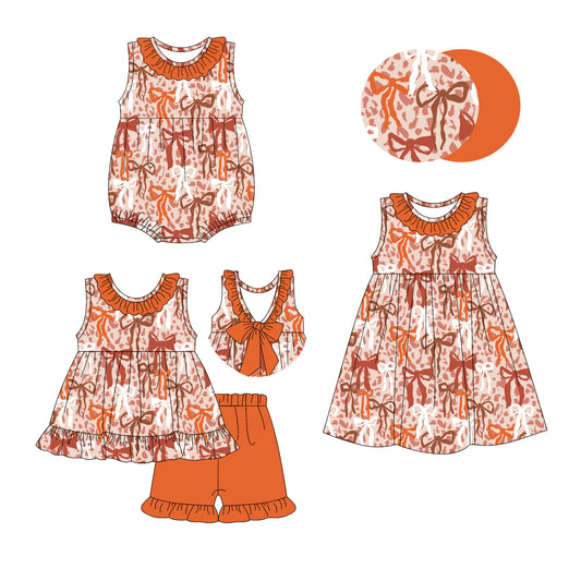 3.19 custom each style moq 5eta 4-6week Sibling Sisters bow baby girl short sleeve shorts sets and dress and rompers match family design