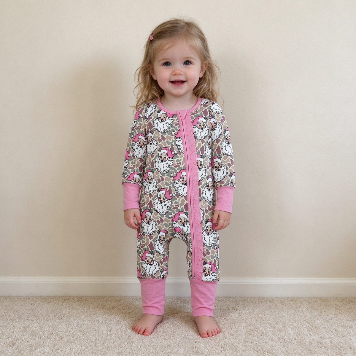 NEW RTS NO MOQ milk silk LR3305 Baby Girls Khaki Camo Santa Print Christmas Long Sleeve Two Way Zip Ruffle Convertible Rompers