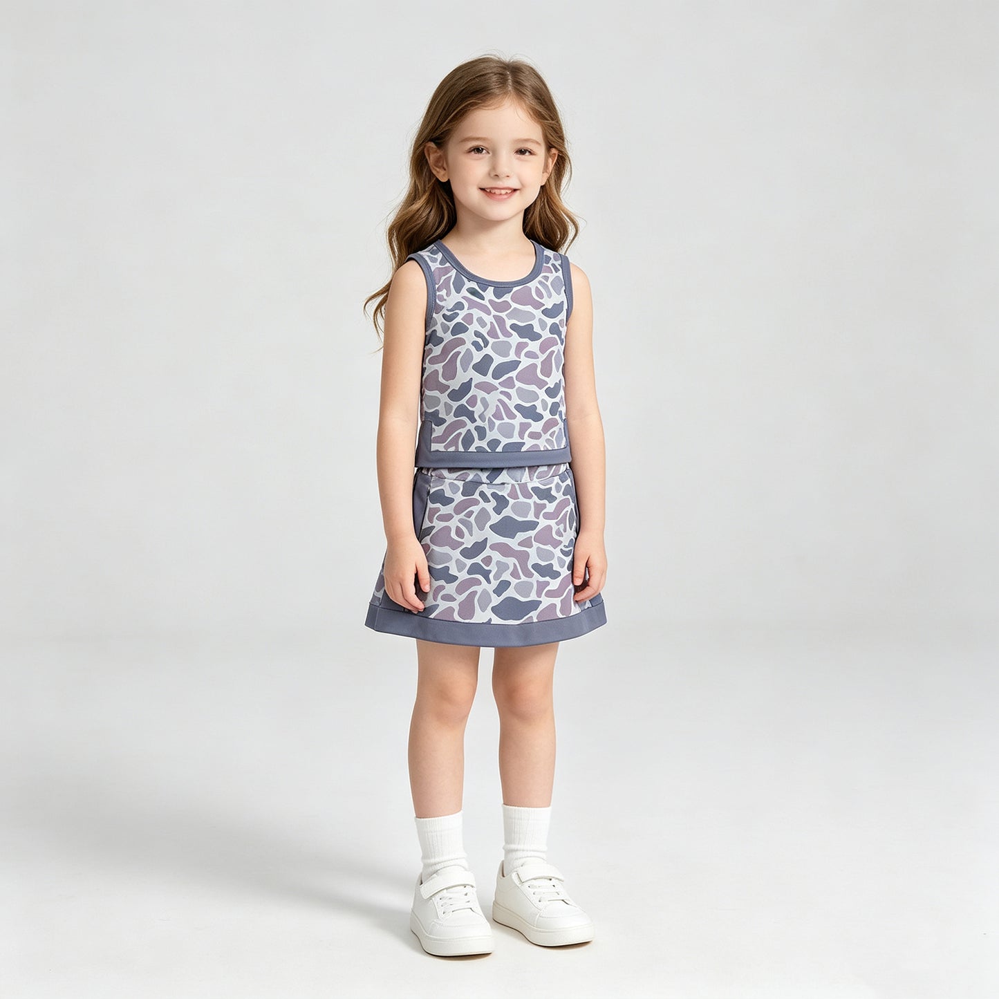 NEW RTS NO MOQ  yoga fabric GSD4230 Baby Girls Light Gray Camo Vest Cute Short Skort Yoga Sets