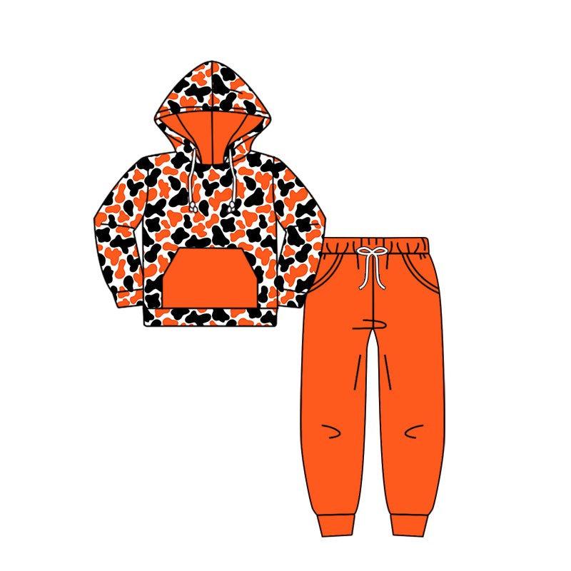 Custom moq 5 mix size milk silk summer teams baby girls clothes camouflage orange hooded long sleeve pants sets 2 and boy pants sets and pant-25.8.9