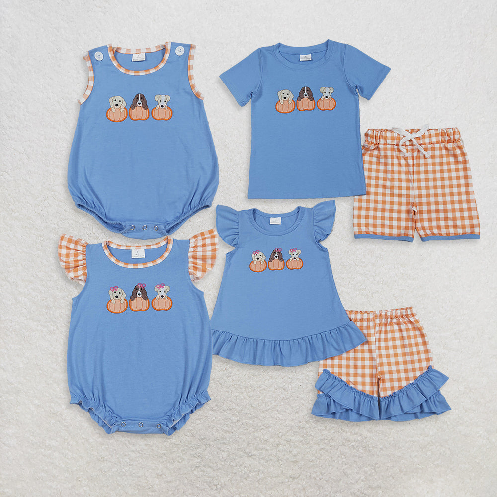 RTS NO MOQ Sibling Baby girls boy clothes embroidery halloween pumpkin short sleeve shorts suits & rompers