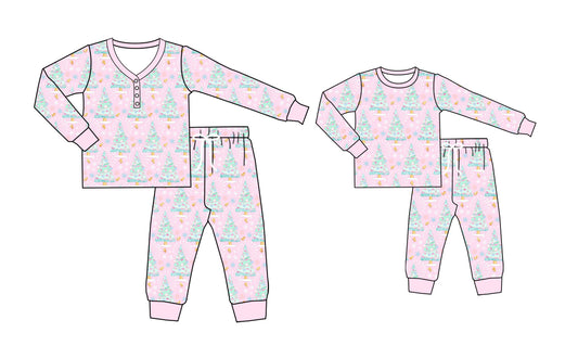 25.5.12 custom each style moq 5eta 4-6week Sibling Sister Christmas trees long sleeve pants sets and adult sets match design
