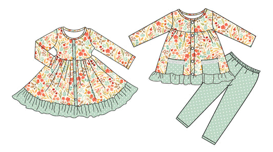 25.5.8 custom each style moq 5eta 4-6week Sibling Sisters floral baby girl long sleeve pants sets and dress match family design