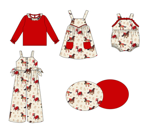 25.6.2 custom each style moq 5eta 4-6week Sibling Sisters Christmas riding horse red baby girls short sleeve dress and short sleeve rompers and top and jumpsuit match family design