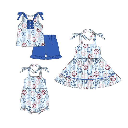 4.17 custom each style moq 5eta 4-6week Sibling Sisters smiley baby girl short sleeve shorts sets and dress and rompers match family design