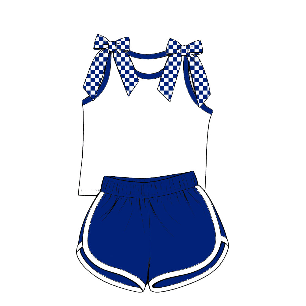 custom moq 5 mix size Baby Girls White Blue Bow Sleeveless Top Shorts Summer Outfit Sets