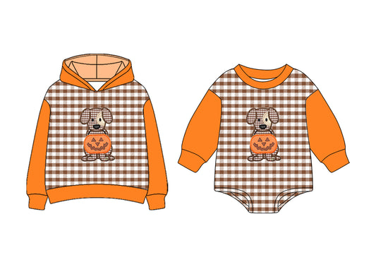 25.7.10 custom each style moq 5eta 4-6week Sibling Sisters pumpkin puppy baby boy long sleeve romper and top match family design