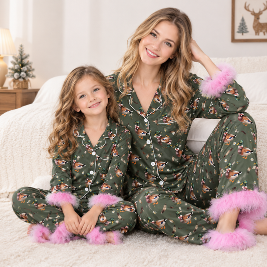 RTS NO MOQ Sibling milk silk Adult To Match Kids Duck Print Button Down Pajamas Set Pink Fur Cuff Nightwear