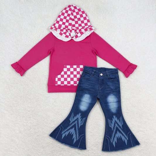 NEW RTS NO MOQ Denim GT1851+ P0126 Baby Girls Hot Pink Checkered Ruffle Hoodie With Pocket Aztec Denim Bell Pants Jeans Set