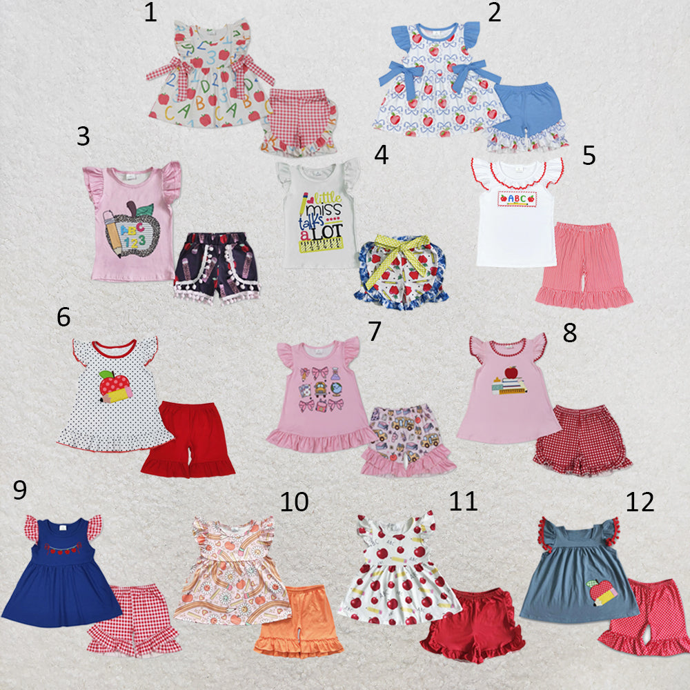 RTS NO MOQ Sibling milk silk Baby Girls Back To School Apple Pencil Print Tunic Top Shorts Set