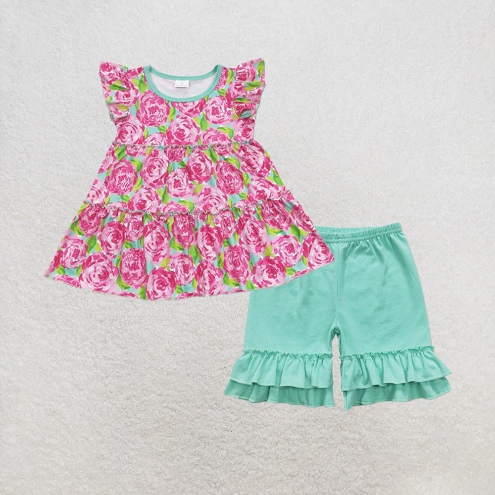 RTS NO MOQ milk silk GT0475+SS0180 Baby Girls Summer Flutter Sleeve Pink Rose Flowers Tunic Tops Green Cotton Double Ruffle Shorts Set