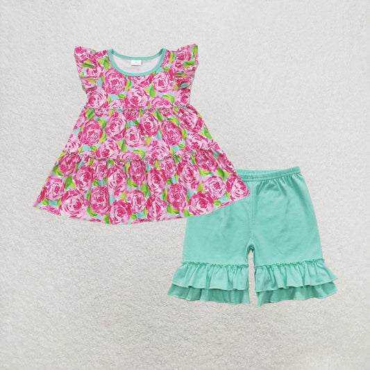 RTS NO MOQ milk silk GT0475+SS0180 Baby Girls Summer Flutter Sleeve Pink Rose Flowers Tunic Tops Green Cotton Double Ruffle Shorts Set