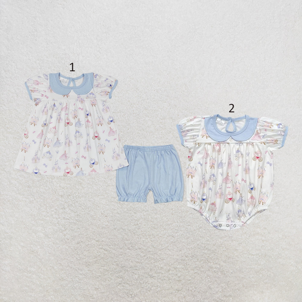 RTS NO MOQ Sibling milk silk Cute Clothes Baby Girls Print Ruffle Trim Tunic Top Matching Shorts Set Rompers