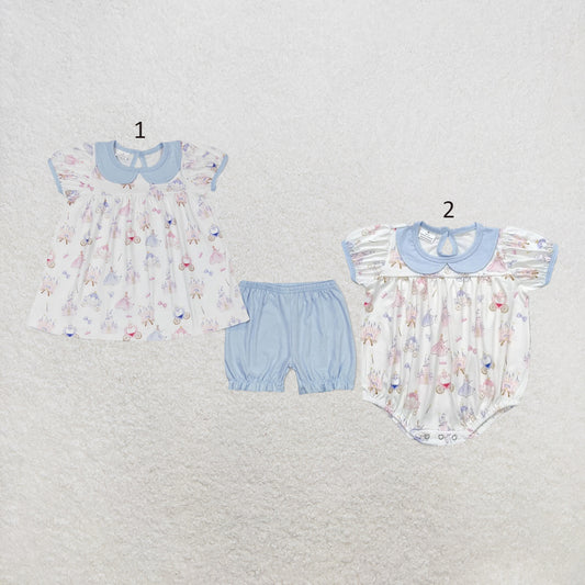 RTS NO MOQ Sibling milk silk Cute Clothes Baby Girls Print Ruffle Trim Tunic Top Matching Shorts Set Rompers