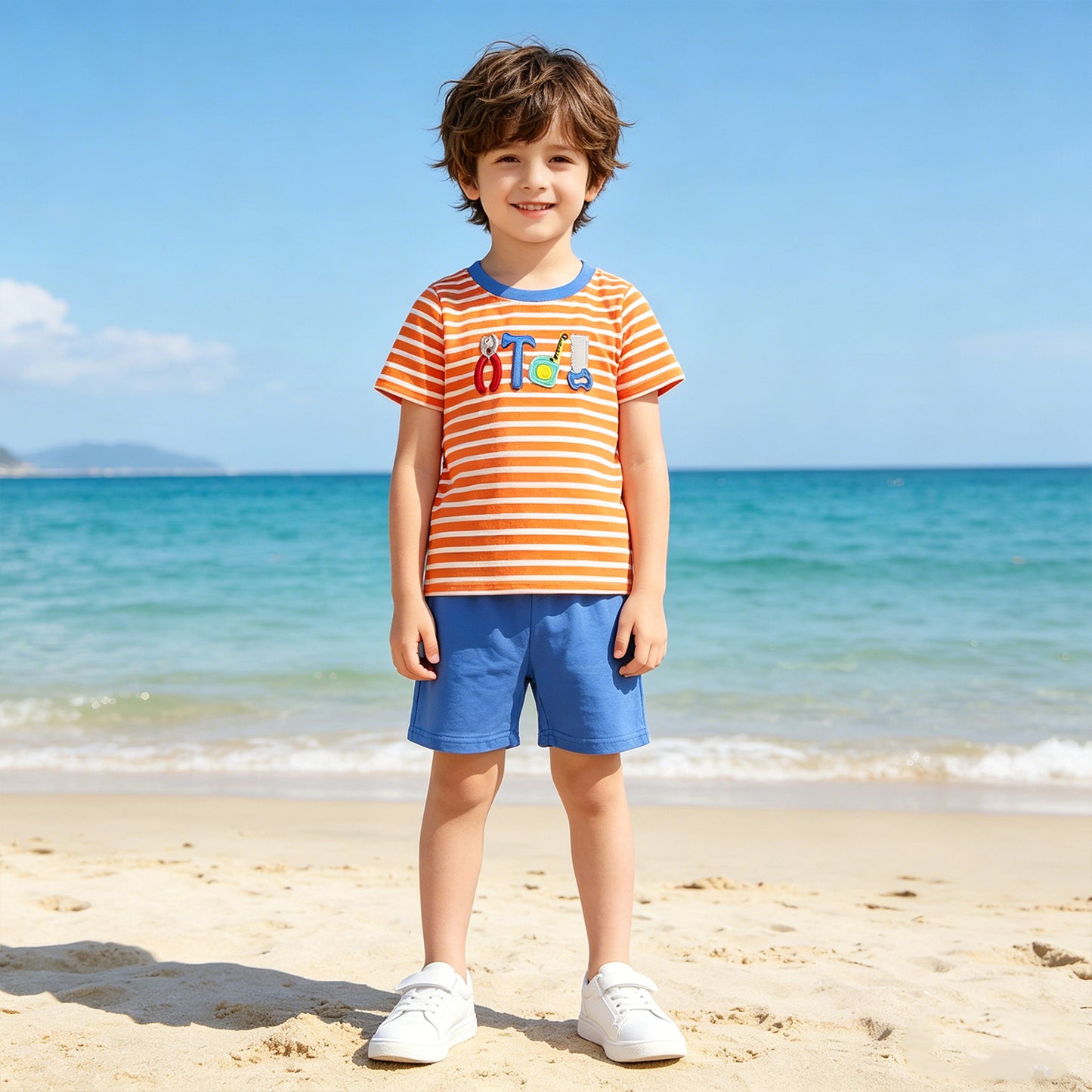 RTS NO MOQ BSSO1851  Kids Boys Tools Embroidery Orange Stripe Top Daily Shorts Sets