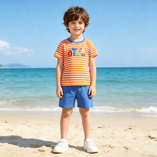 RTS NO MOQ BSSO1851  Kids Boys Tools Embroidery Orange Stripe Top Daily Shorts Sets