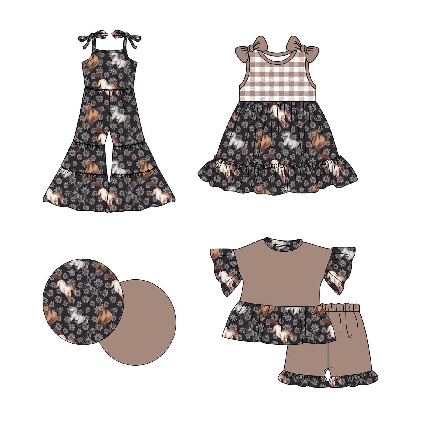 2.21 custom each style moq 5eta 4-6week Sibling Sister horse baby girl sets and dress and jumpsuit match family design