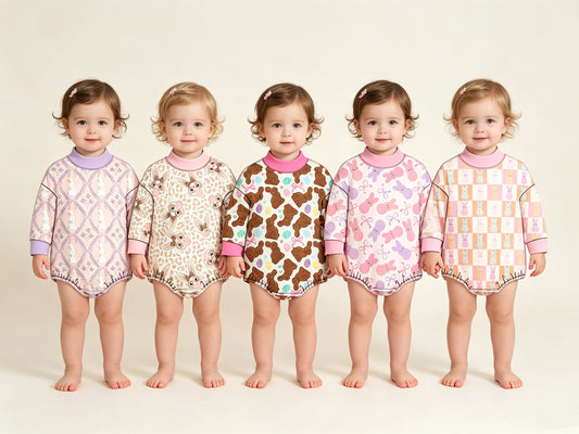 (Preorder new) No moq Baby Girls Long Sleeve Easter Print Bubble Romper Holiday Outfit