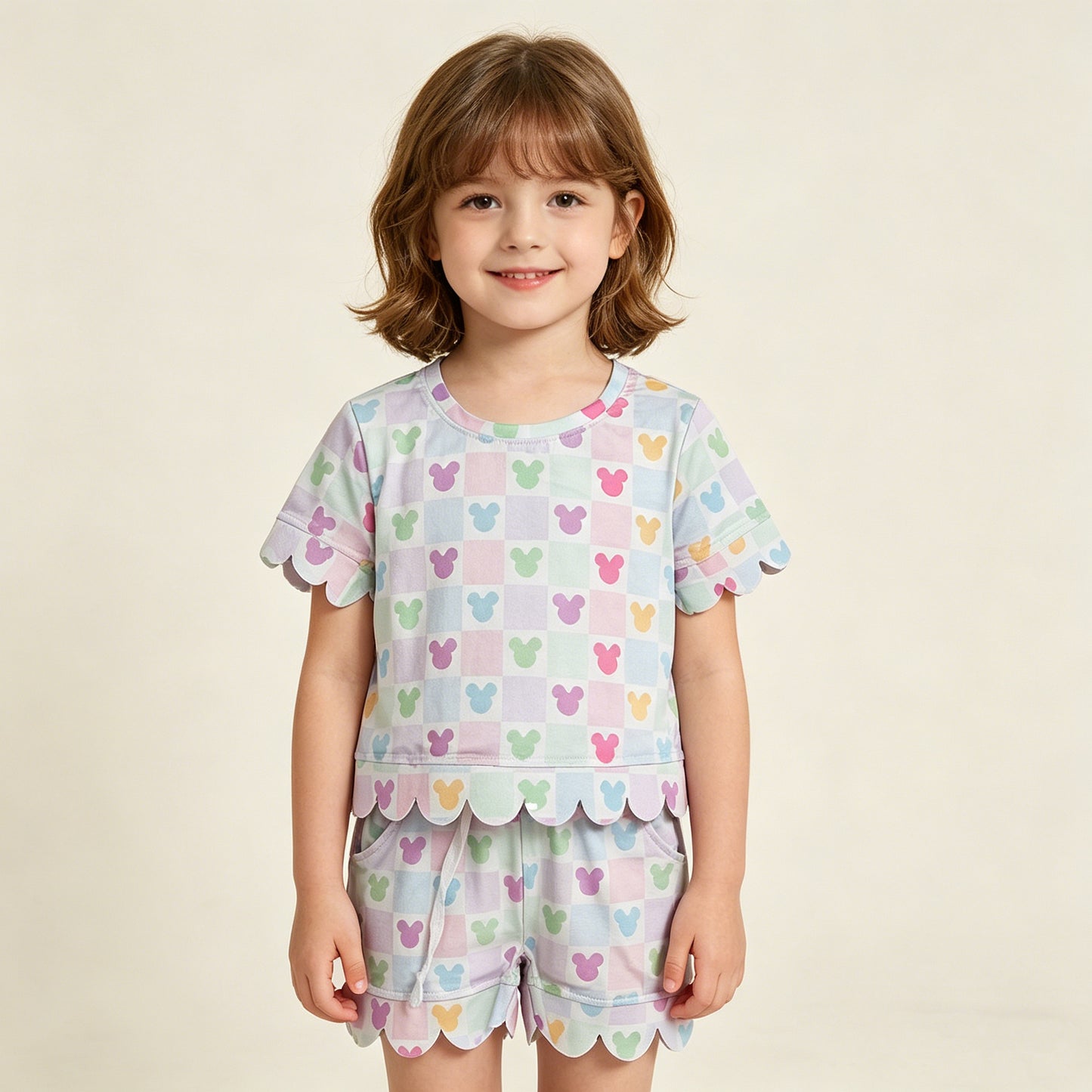 RTS NO MOQ GSSO3496 Cute Clothes Baby Girls Checked Top And Short Scallop Outfit Set Cute Animal Print Clothing