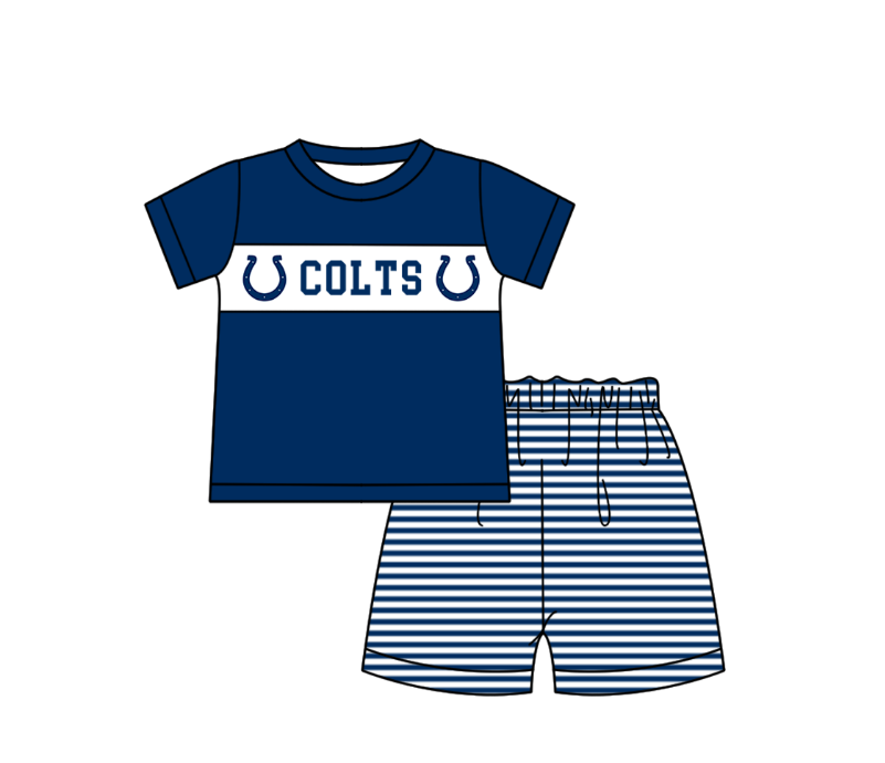 Custom moq 5 mix size milk silk summer teams baby girl boys clothes Dark blue short sleeve shorts sets 2  and dress and rompers 2 series