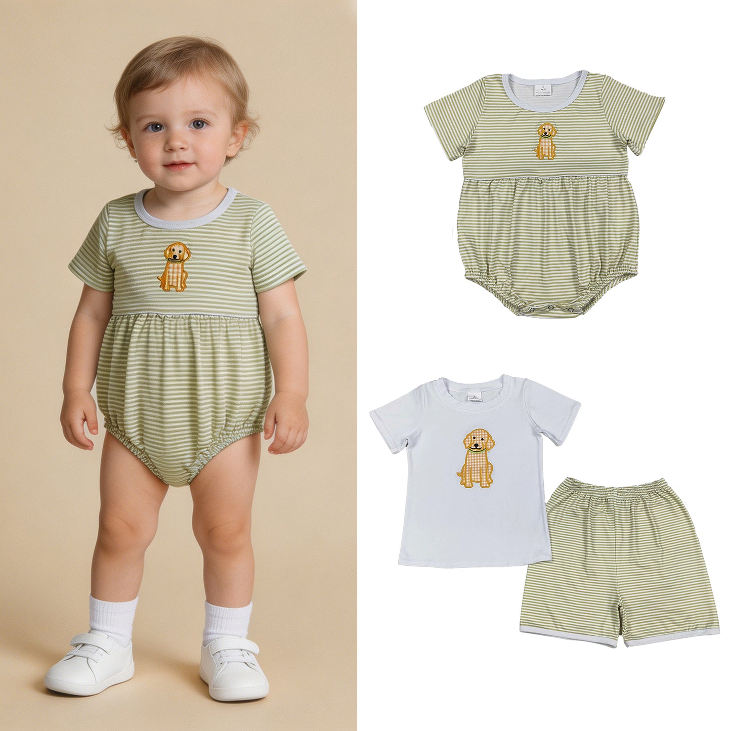 RTS NO MOQ milk silk Sibling Baby Boys Embroidery Dogs Shirt Top Stripe Short Hunting Clothes Sets Short Sleeve Stripe Hunting Rompers