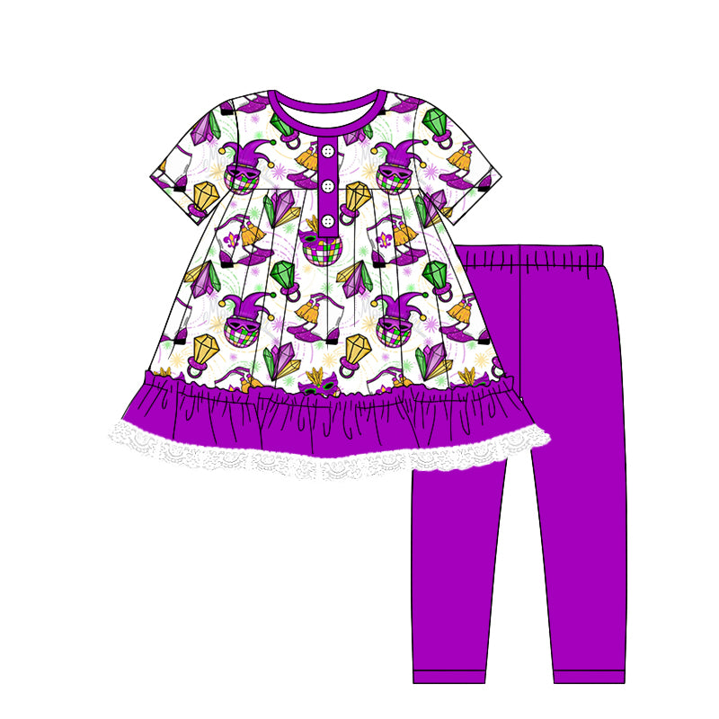 7.23 custom each style moq 5eta 4-6week Sibling Sister mari gras purple baby girls short sleeve sets and dress and rompers match family design