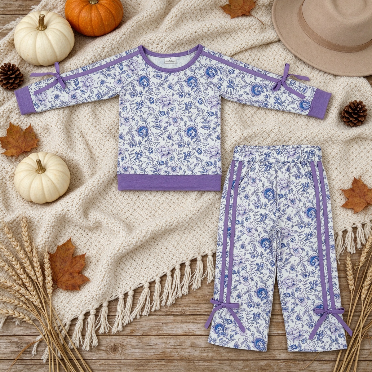NEW RTS NO MOQ milk silk GLP3365 Baby Girls Floral Print Long Sleeve Top Pockets Flare Pant Fall Outfit Set