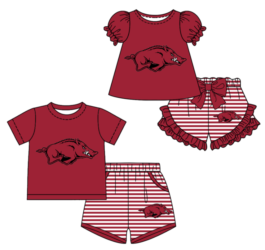 Custom moq 5 mix size milk silk summer teams Dark red Baby Girl Boy Short-Sleeved Shorts Set Toddler Kids Clothing Set