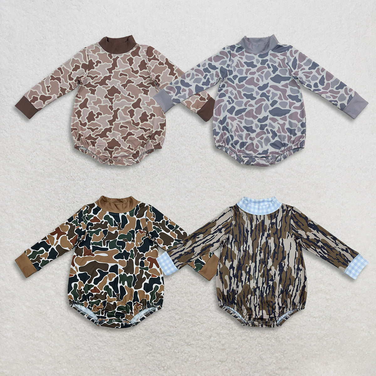 RTS NO MOQ Sibling milk silk High Neck Baby Boys Camo Print Long Sleeve Mock Neck Bubble Romper
