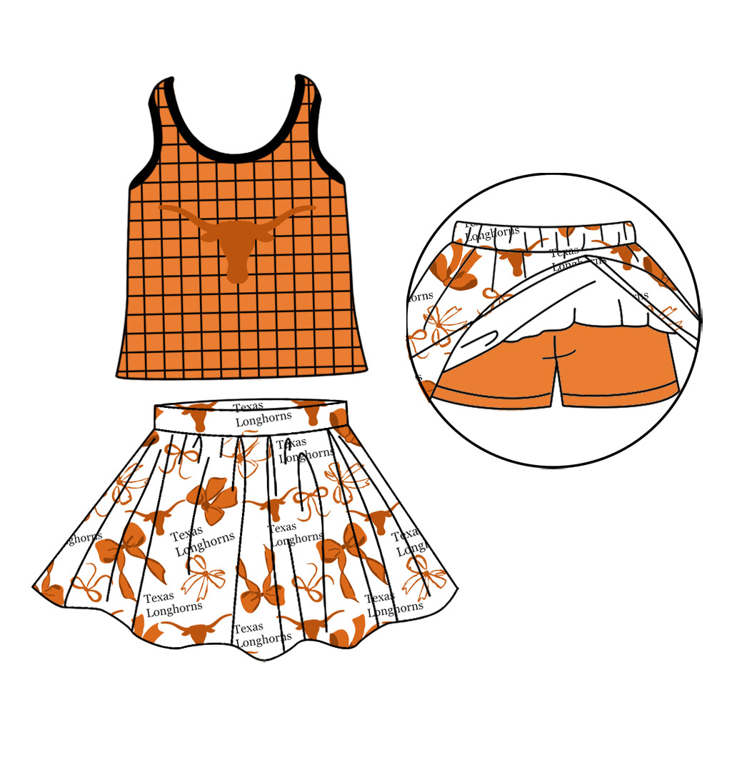 Custom moq 5 mix size milk silk summer teams Baby Girls Summer Sleeveless Orange Plaid Top Letter Bow Skort Sets