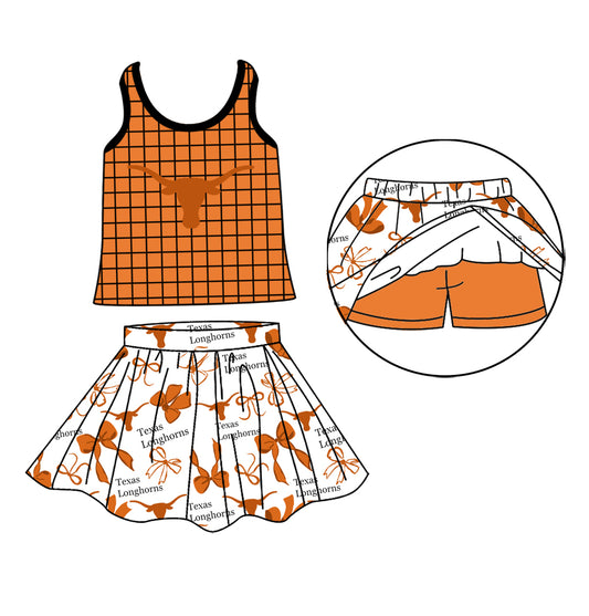 Custom moq 5 mix size milk silk summer teams Baby Girls Summer Sleeveless Orange Plaid Top Letter Bow Skort Sets