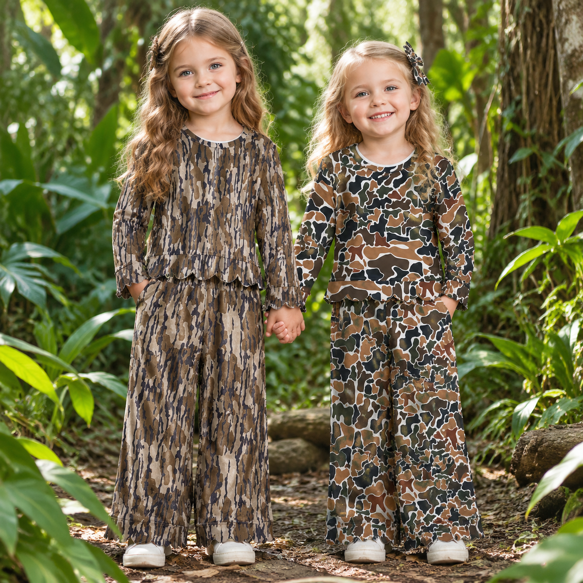 RTS NO MOQ Sibling milk silk Baby Girls Camo Print Long Sleeve Scallop Top And Scallop Pant Set