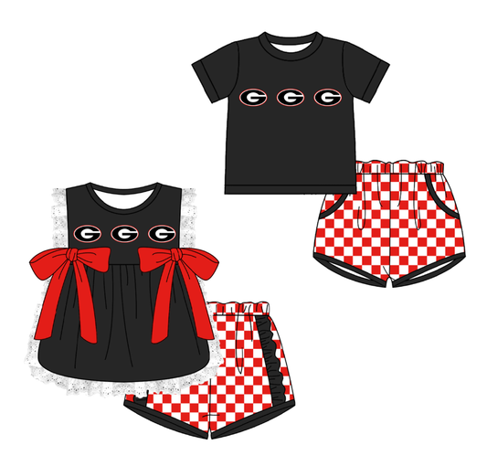 Custom moq 5 mix size milk silk summer teams black Girl Sleeveless Top And Plaid Shorts Set with Bow Boy Short Sleeved Top And Plaid Shorts Set