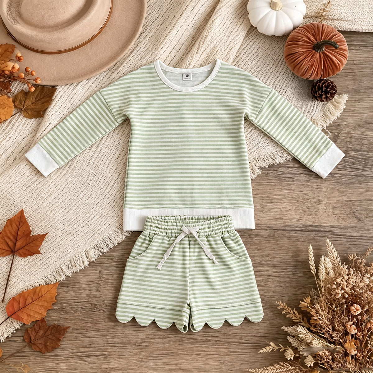 NEW RTS NO MOQ yoga fabric GLS0154 Yoga Baby Girls Green Stripe Shirt Top Scallop Short Yoga Active Set