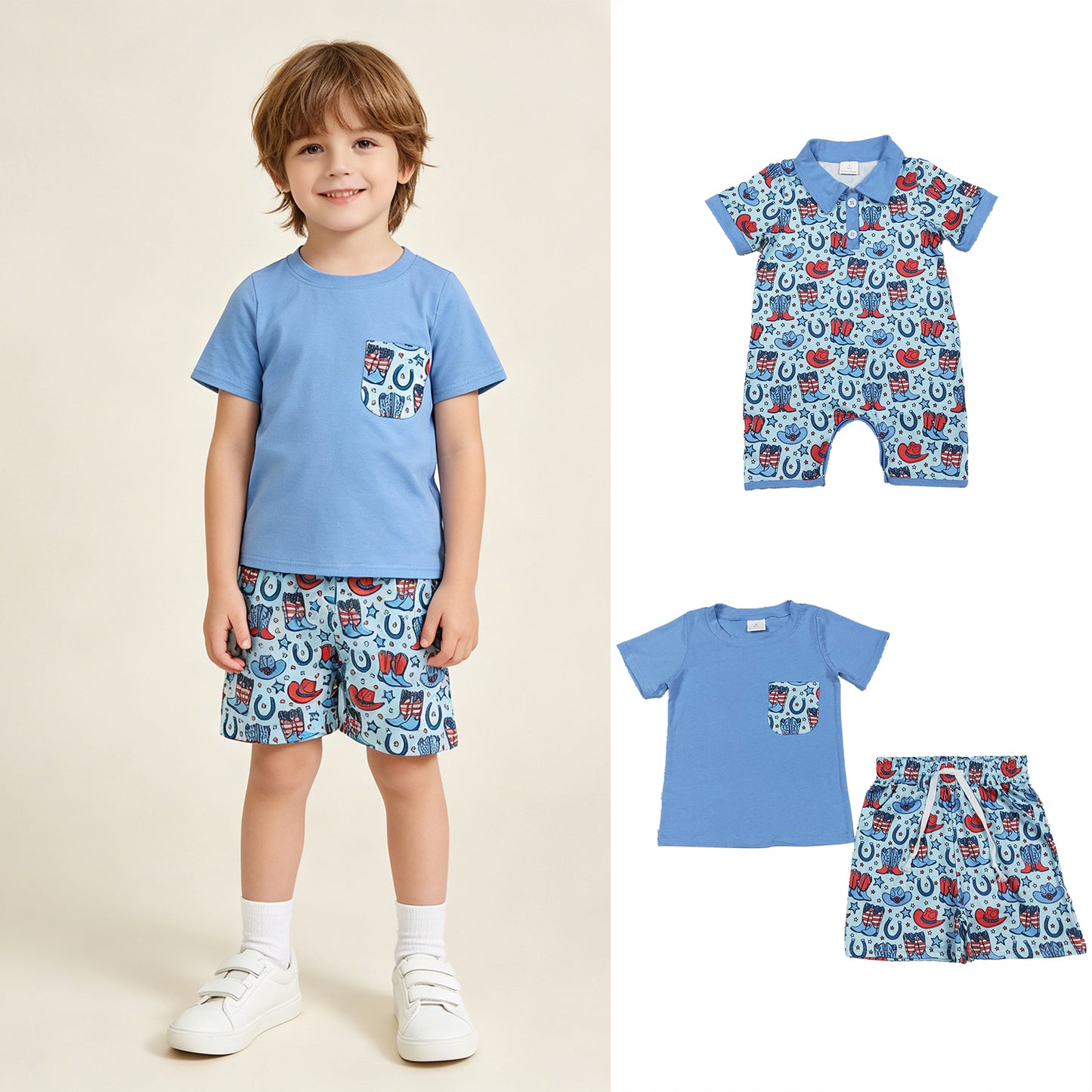 RTS NO MOQ milk silk Sibling Baby Boys Western Style 4th of July Star Pocket Short Clothes Set Button Rompers